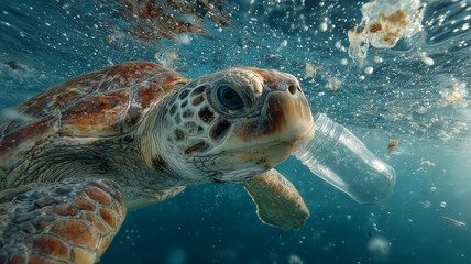 Fototapeta premium Underwater journey of a sea turtle exploring its vibrant ocean habitat filled with colorful coral and playful bubbles