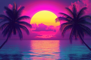 Obraz premium Vibrant Pink and Yellow Sunset Over Calm Sea Framed by Palm Trees