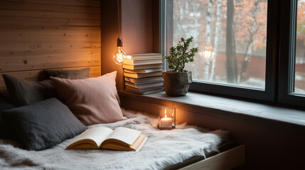 Cozy reading nook with books, plants, and warm lighting during autumn afternoon