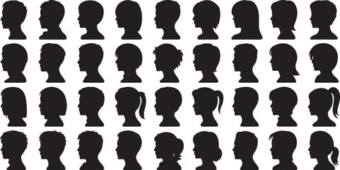 Vector silhouettes of various children profiles displaying diversity in haircuts and styles in black