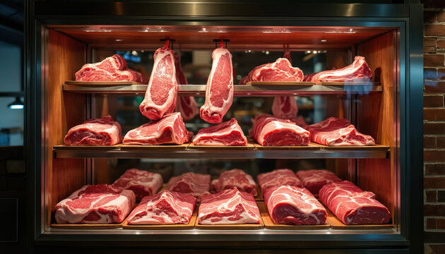 Butchery window display various fresh premium meat cuts. Beef pork lamb steak ready for sale. Craftmanship quality focus on fresh ingredients. Food market delicatessen, culinary industry, retail,