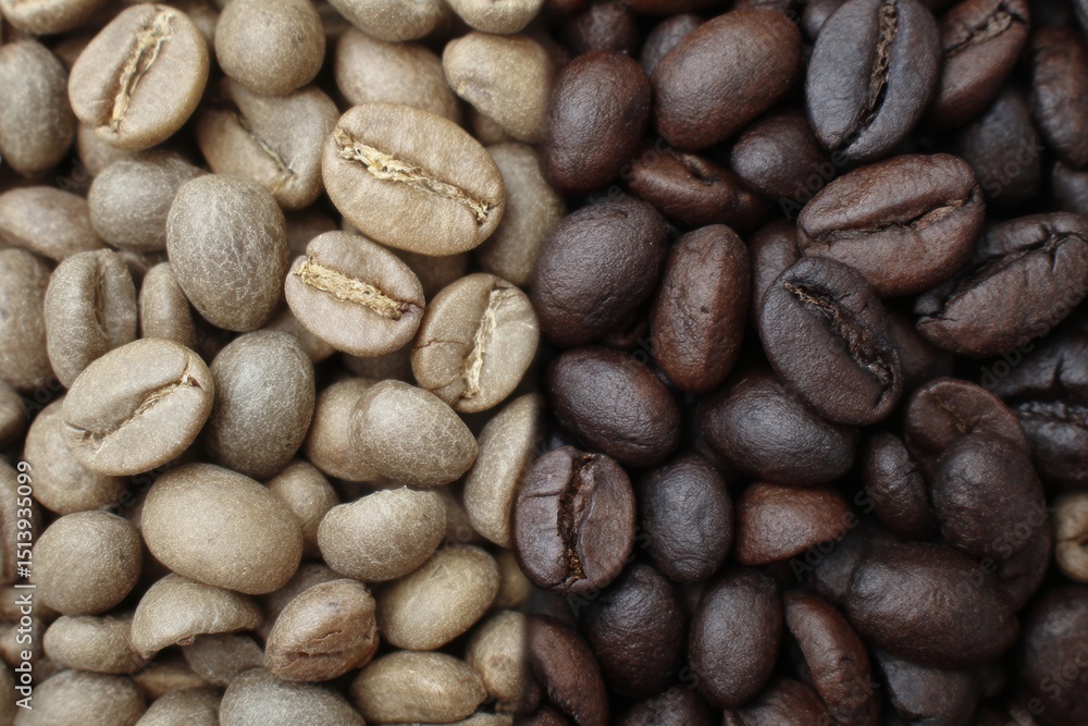 Poster Comparison of Caffeinated and Decaf Coffee Beans Showcasing Color and Texture Differences Side by Side