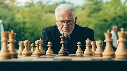 A focused senior man contemplates his next move in a chess game, with wooden pieces set against a blurred outdoor background. - Powered by Adobe