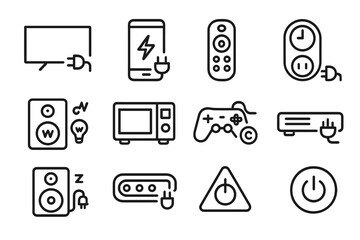 Electronic device icons: tv, smartphone, game controller, speaker, microwave