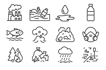 Environmental pollution icons: factory, waste, water, air, fire, storm