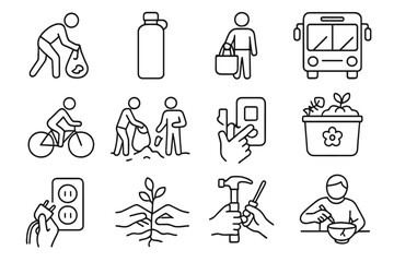 Fototapeta premium Eco-friendly practices illustrated with line icons of daily sustainable actions