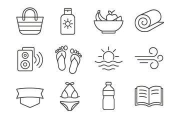 Summer essentials icons: beach, sun, fruit, relax, music, reading, hydration