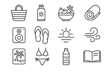 Beach essentials icons set: sun, waves, palm, flip-flops, bikini, speaker, bottle