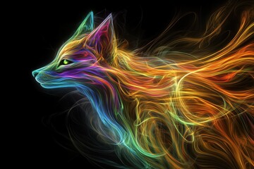 Stylized Neon Fox with Flowing Colorful Fur on Black Fantasy Background