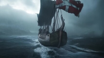 a Viking ship braving rough seas beneath a stormy sky - Powered by Adobe
