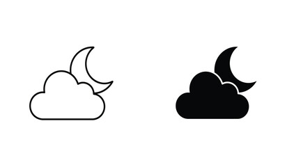 Obraz premium Simple weather icon with half moon or waning crescent moon in a cloudy sky. Night time symbol in line art style. Linear flat vector illustration