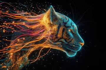 Vibrant glowing tiger head with neon trails in fantasy digital illustration