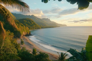 Tropical beach coastline with jungle and golden sunset over peaceful ocean