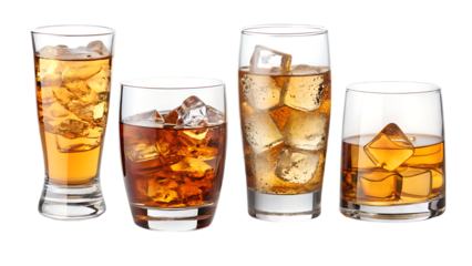 clear glasses with cold drinks and ice cubes - refreshing beverages isolated on transparent background