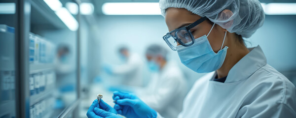 Medical worker inspects medical product in sterile lab. Lab tech wears face mask, glasses, hair net, gloves. Healthcare, medicine, quality control check. Pharmaceutical manufacturing, health tech.