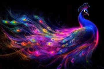 Glowing colorful peacock with radiant abstract feathers in fantasy digital artwork
