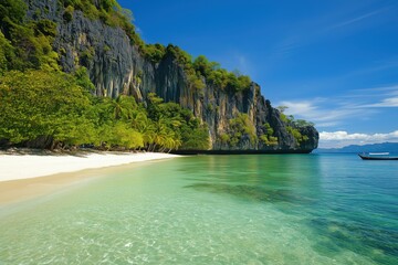 Beautiful tropical beach with turquoise water, white sand and rocky limestone cliffs