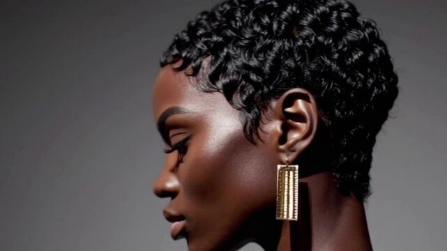 Textured Pixie Cut on Black Model with Bold Accessories in Studio