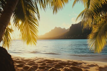 Sunset view through tropical palm trees on a peaceful beach in paradise