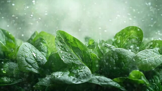 Fresh Spinach Under Rain: Lush, vibrant spinach leaves glisten under a gentle rain, showcasing their deep green color and healthy texture. The scene evokes a sense of freshness and natural growth.