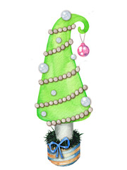 Cartoon Christmas Tree with Garland Artistic Whimsical Character on White Background  
