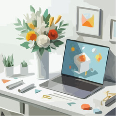 Digital workspace with laptop, flowers, and colorful decor 