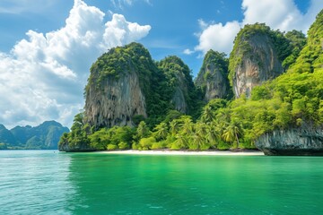 Stunning tropical limestone cliffs rise above emerald green waters and sandy shoreline