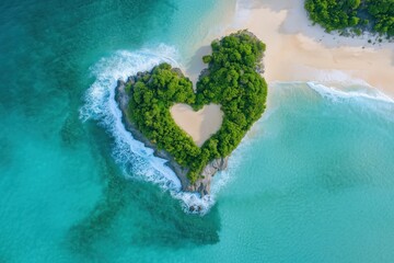 Heart shaped tropical island in turquoise sea seen from aerial perspective