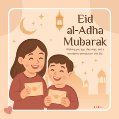 Eid al-Adha Mubarak flat vector greeting card with kids holding envelopes