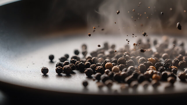 Freshly ground peppercorns on a plate. The aroma of spice fills the air, enhancing the culinary experience with a touch of warmth and piquancy.