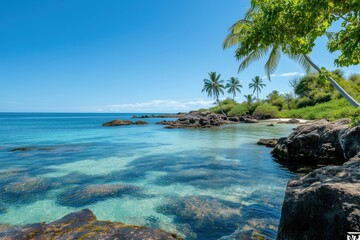 Tropical island beach with clear turquoise water, rocks and palm tree coast