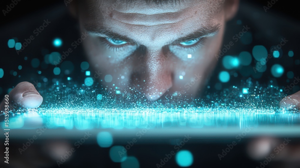 Poster business confident portrait concept. Man intensely focuses on a glowing digital interface with sparkling particles.