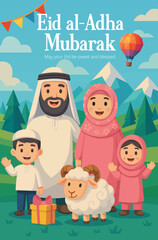 Eid al-Adha Mubarak flat vector poster with happy family and Eid sheep with nature background