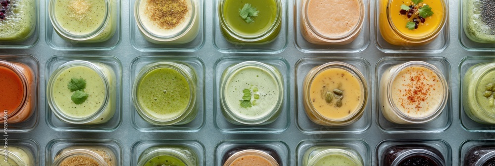 Aufkleber Clean Layout of Assorted Frozen Soups in Glass Containers Arranged Neatly for Easy Selection and Storage in a Bright Kitchen Setting