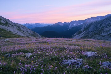 Colorful alpine meadow in mountain valley during tranquil sunset moment
