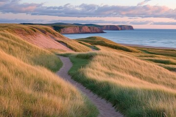 Scenic coastal path through grassy dunes at golden hour light