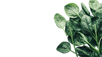 A fresh bunch of spinach leaves displayed  a stark  on the right side view isolated on transparent background