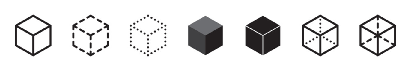 Cube icon set. Black line art design. 3d cube, box sign, symbol collection. Vector illustration. Isolated on a white background. Editable stroke. 