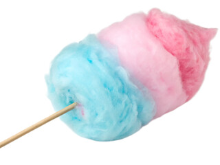 A close up shot of a cotton candy with pink and blue colors on a wooden stick against black background