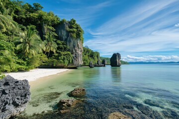 Secluded tropical beach with lush jungle and dramatic limestone cliffs