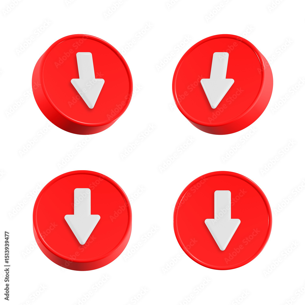 Poster 3d red button with arrow pointing down isolated on transparent background