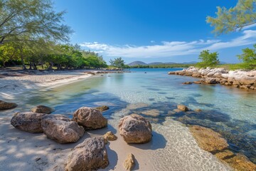Secluded tropical beach with turquoise water and rocky coastline view