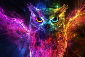 Abstract glowing colorful owl with fiery wings in fantasy atmosphere