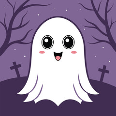 Cute cartoon ghost with a smiling face in a spooky halloween night scene
