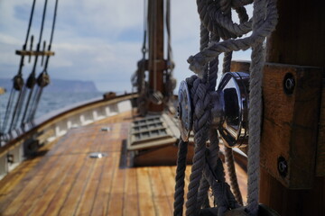 Schooner sailing on a summer day rigging of a sailing vessel