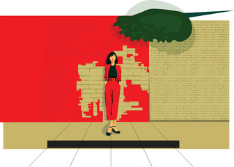 Stylish Woman in Red Suit Against Urban Graffiti Wall