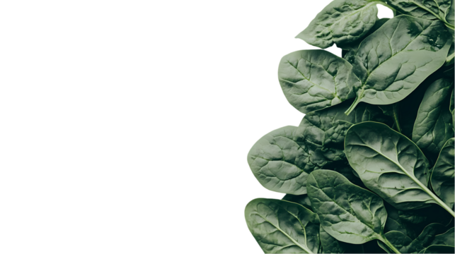 A close up shot of fresh spinach leaves arranged on the right side with  on the left isolated on transparent background