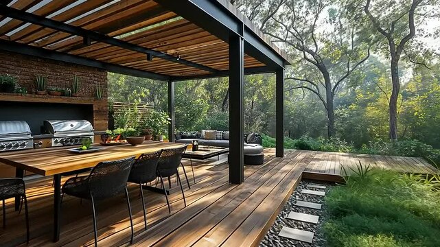 Outdoor living space featuring a modern pergola, barbecue area, and lush garden design