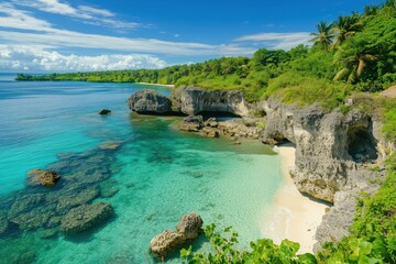 Tropical beach with turquoise water and rocky cliff coast under sunny sky