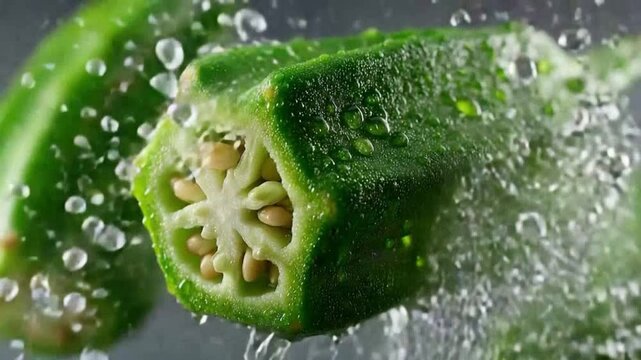 Okra Freshness: A close-up of fresh okra bathed in sparkling water, showcasing the vibrant green of the vegetable and its unique texture.